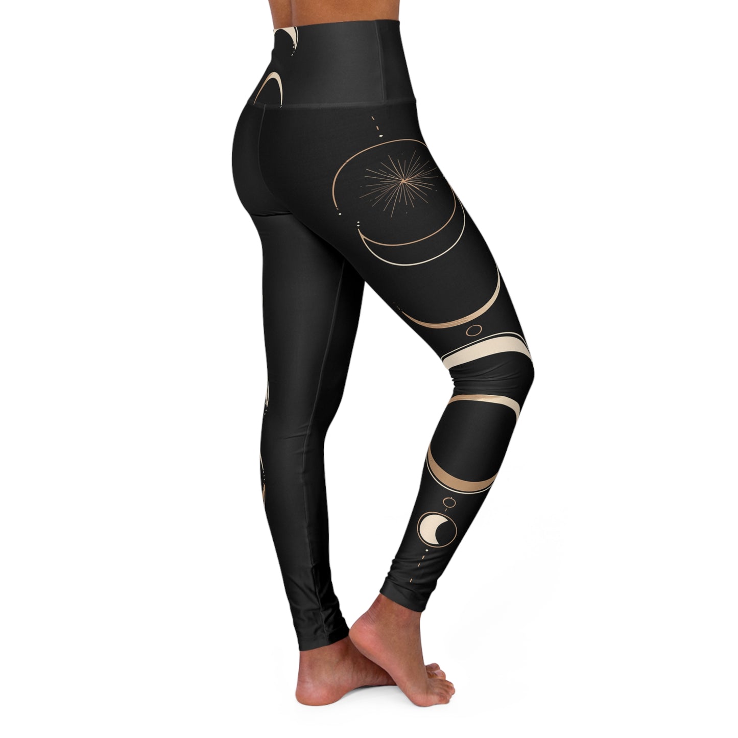 Moon Phase High-Waisted Yoga Leggings — Black Celestial Crescent Print