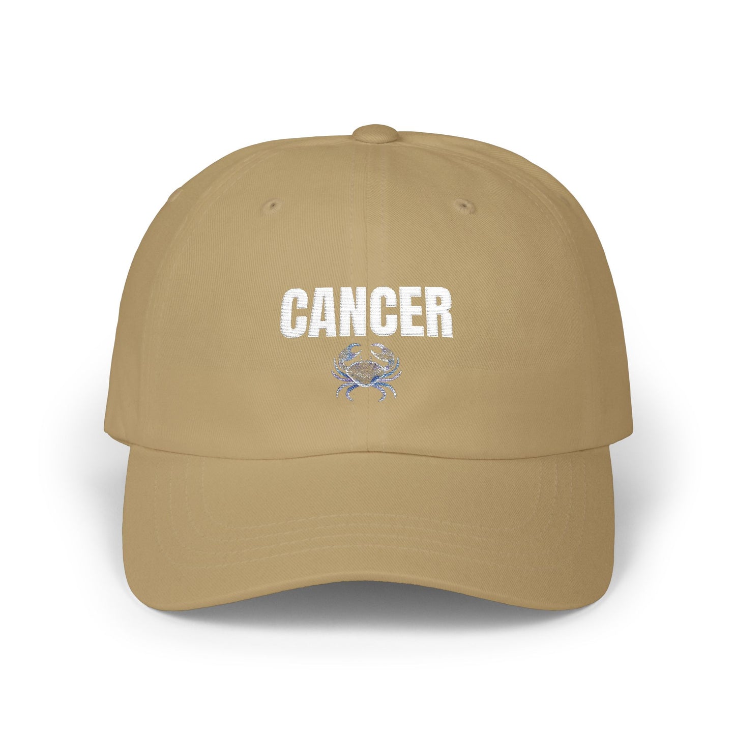 Cancer Zodiac Classic Dad Cap — Vintage Script with Crab Emblem