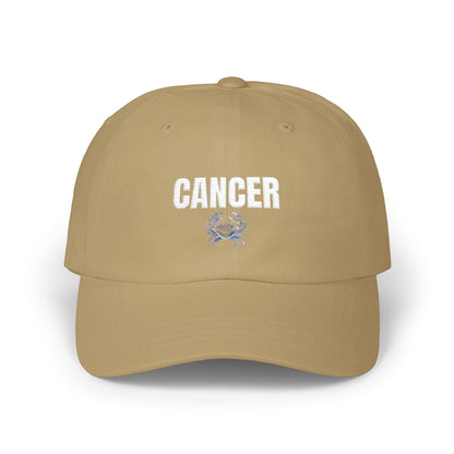 Cancer Zodiac Classic Dad Cap — Vintage Script with Crab Emblem