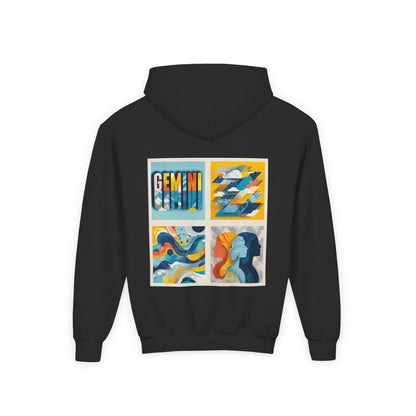 Gemini Art Youth Hoodie, Zodiac Sweatshirt, Astrology Pullover, Gift for Tween, Birthday Present, Cosmic Style