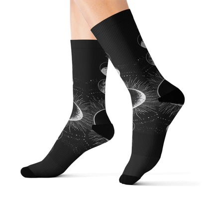 Celestial Moon Phase Sublimation Socks — Black Astral Lunar Crew Socks