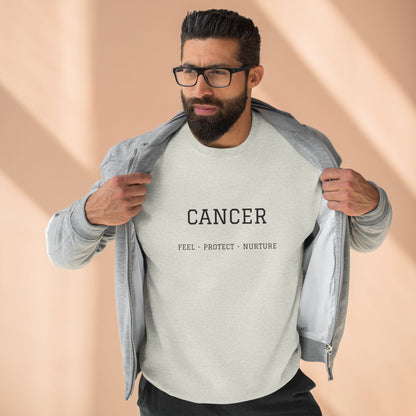 Cancer Zodiac Crewneck Sweatshirt — Text: Cancer • True • Protect • Nurture