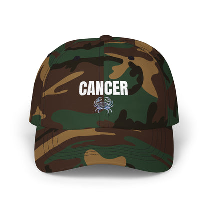 Cancer Zodiac Classic Dad Cap — Vintage Script with Crab Emblem