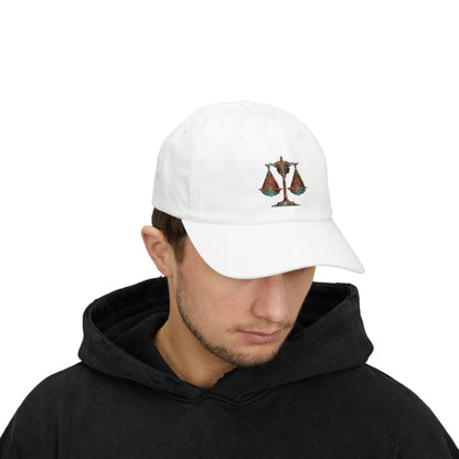 Gleaming Justice Scales Dad Cap, Classic White Adjustable Cap, Perfect Gift for Lawyers, Graduation, and Everyday Style