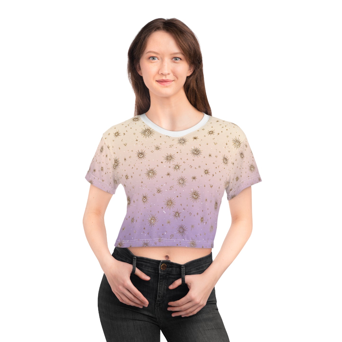 Celestial Crop Tee, Vintage Style Crop Top, AOP Summer Tee, Festival Wear, Bohemian T-Shirt, Astrology Fashion