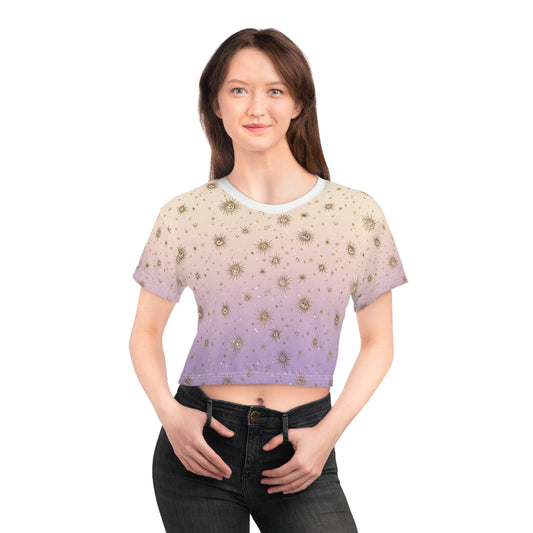 Celestial Crop Tee, Vintage Style Crop Top, AOP Summer Tee, Festival Wear, Bohemian T-Shirt, Astrology Fashion
