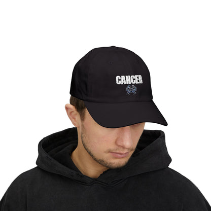 Cancer Zodiac Classic Dad Cap — Vintage Script with Crab Emblem