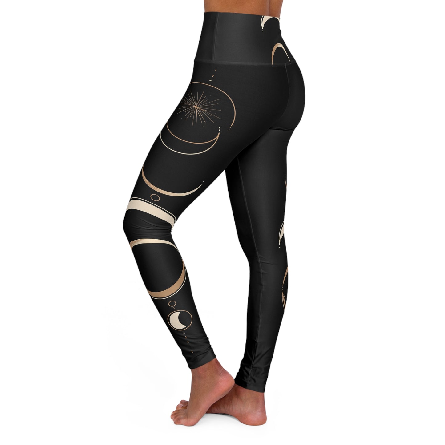 Moon Phase High-Waisted Yoga Leggings — Black Celestial Crescent Print