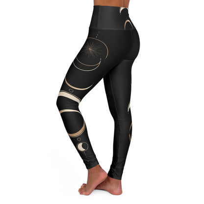 Moon Phase High-Waisted Yoga Leggings — Black Celestial Crescent Print