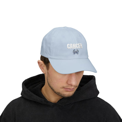 Cancer Zodiac Classic Dad Cap — Vintage Script with Crab Emblem