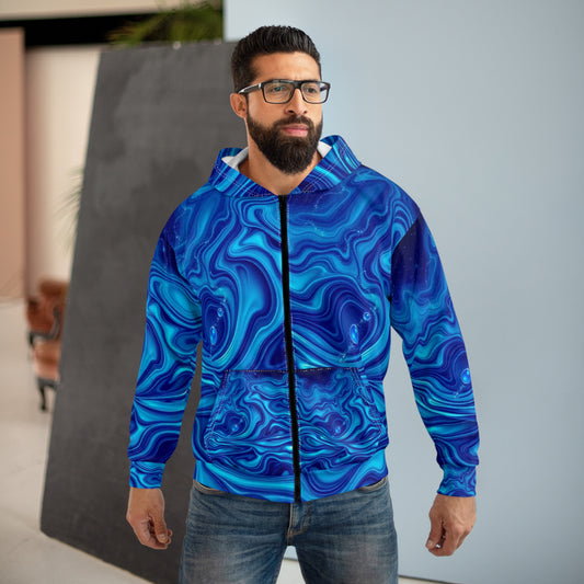 Water Element Blue Marble Unisex Zip Hoodie - Elemental Flow AOP Design, Aquatic Energy Gift, Celestial Ocean Sweatshirt