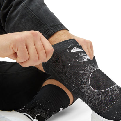 Celestial Moon Phase Sublimation Socks — Black Astral Lunar Crew Socks