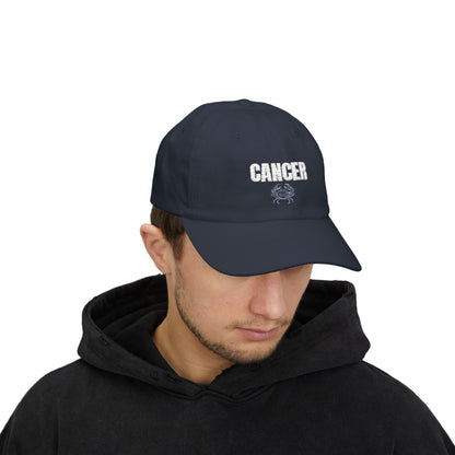 Cancer Zodiac Classic Dad Cap — Vintage Script with Crab Emblem