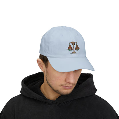 Gleaming Justice Scales Dad Cap, Classic White Adjustable Cap, Perfect Gift for Lawyers, Graduation, and Everyday Style