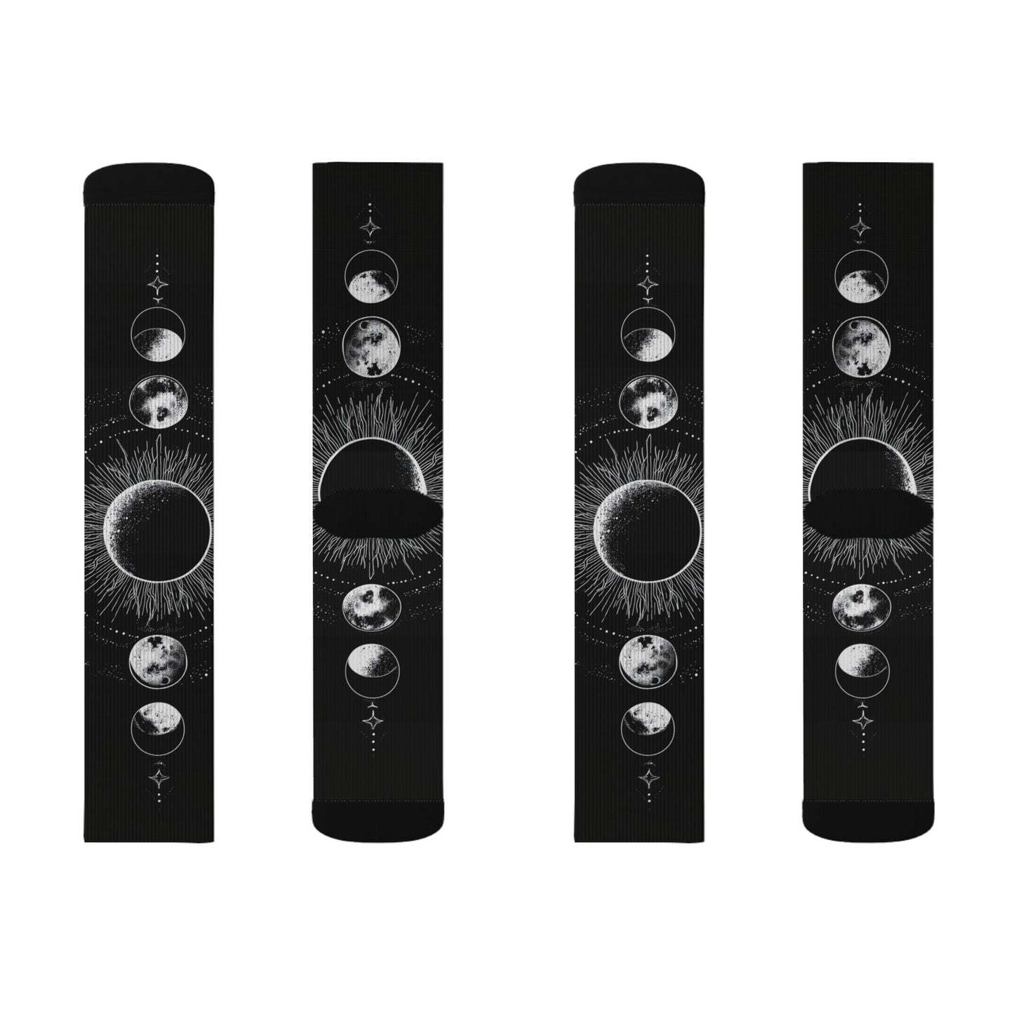 Celestial Moon Phase Sublimation Socks — Black Astral Lunar Crew Socks