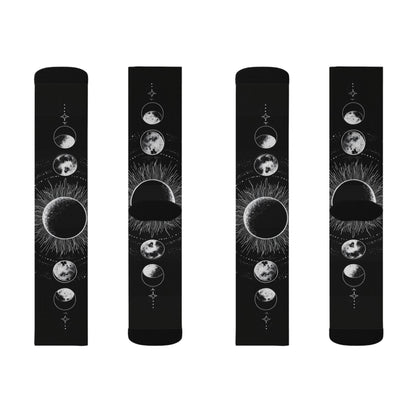Celestial Moon Phase Sublimation Socks — Black Astral Lunar Crew Socks