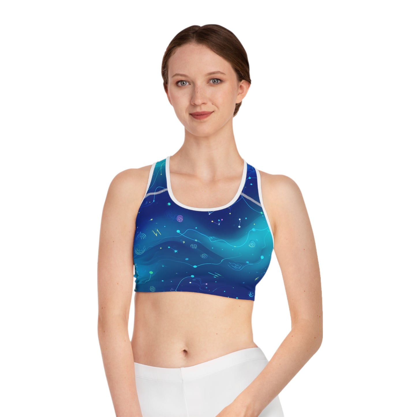 Galaxy-Themed Sports Bra, Workout Gear, Activewear, Yoga Bra, Fitness Apparel, Stylish Gym Wear