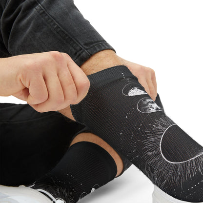Celestial Moon Phase Sublimation Socks — Black Astral Lunar Crew Socks
