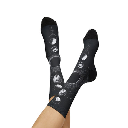 Celestial Moon Phase Sublimation Socks — Black Astral Lunar Crew Socks