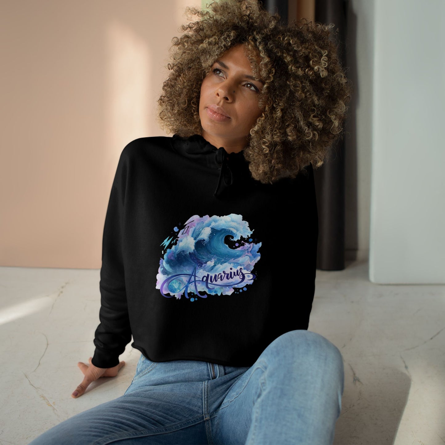 Aquarius Wave Crop Hoodie - Stylish Astrological Apparel, Zodiac Gift, Trendy Sweatshirt, Astrology Fashion, Unique Hooded Top