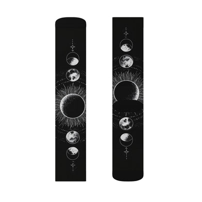 Celestial Moon Phase Sublimation Socks — Black Astral Lunar Crew Socks