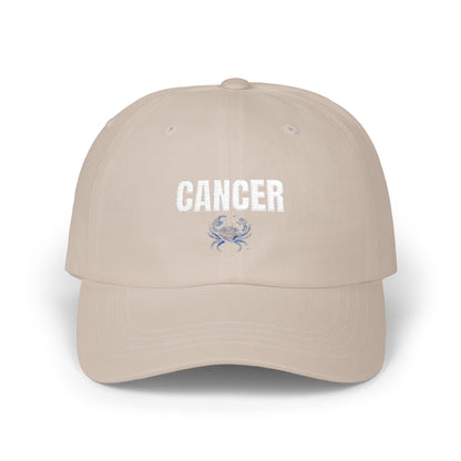 Cancer Zodiac Classic Dad Cap — Vintage Script with Crab Emblem