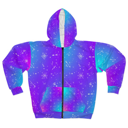 Galaxy Print Unisex Zip Hoodie, Cosmic Zip Up, Colorful Outerwear, Unique Space Design, Stylish Layering, Perfect Gift for Astronomers