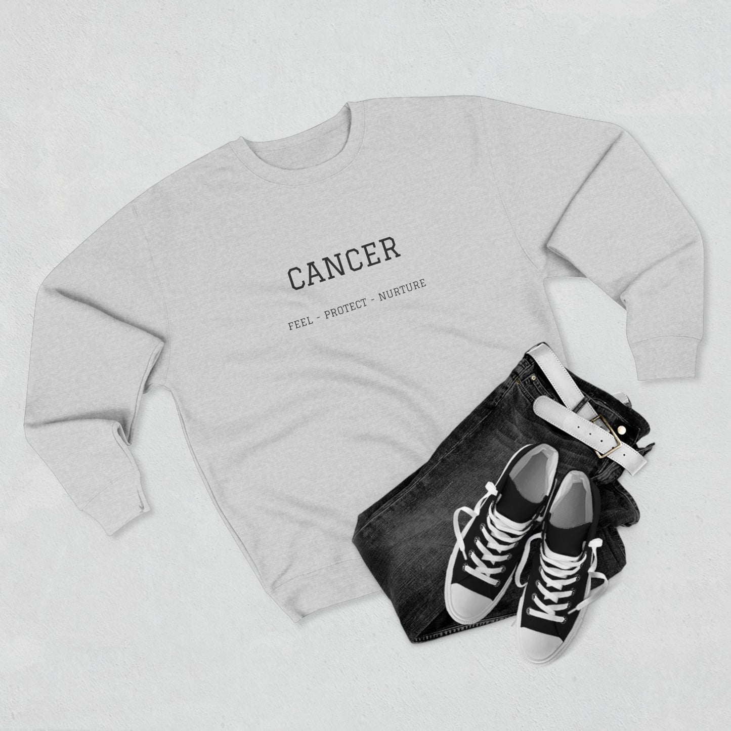 Cancer Zodiac Crewneck Sweatshirt — Text: Cancer • True • Protect • Nurture