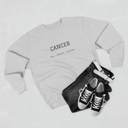 Cancer Zodiac Crewneck Sweatshirt — Text: Cancer • True • Protect • Nurture
