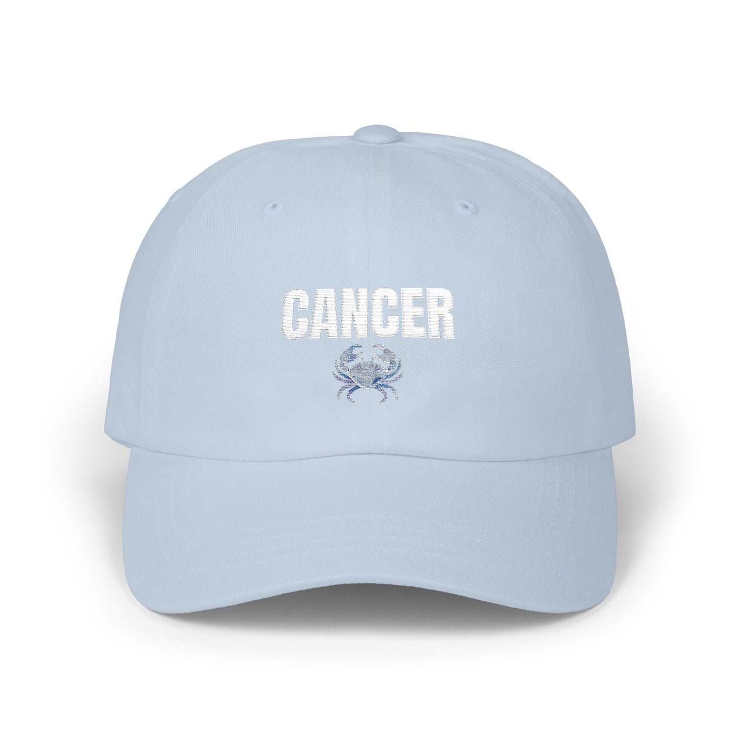 Cancer Zodiac Classic Dad Cap — Vintage Script with Crab Emblem