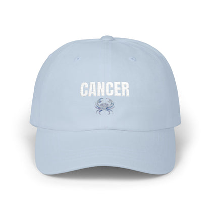 Cancer Zodiac Classic Dad Cap — Vintage Script with Crab Emblem