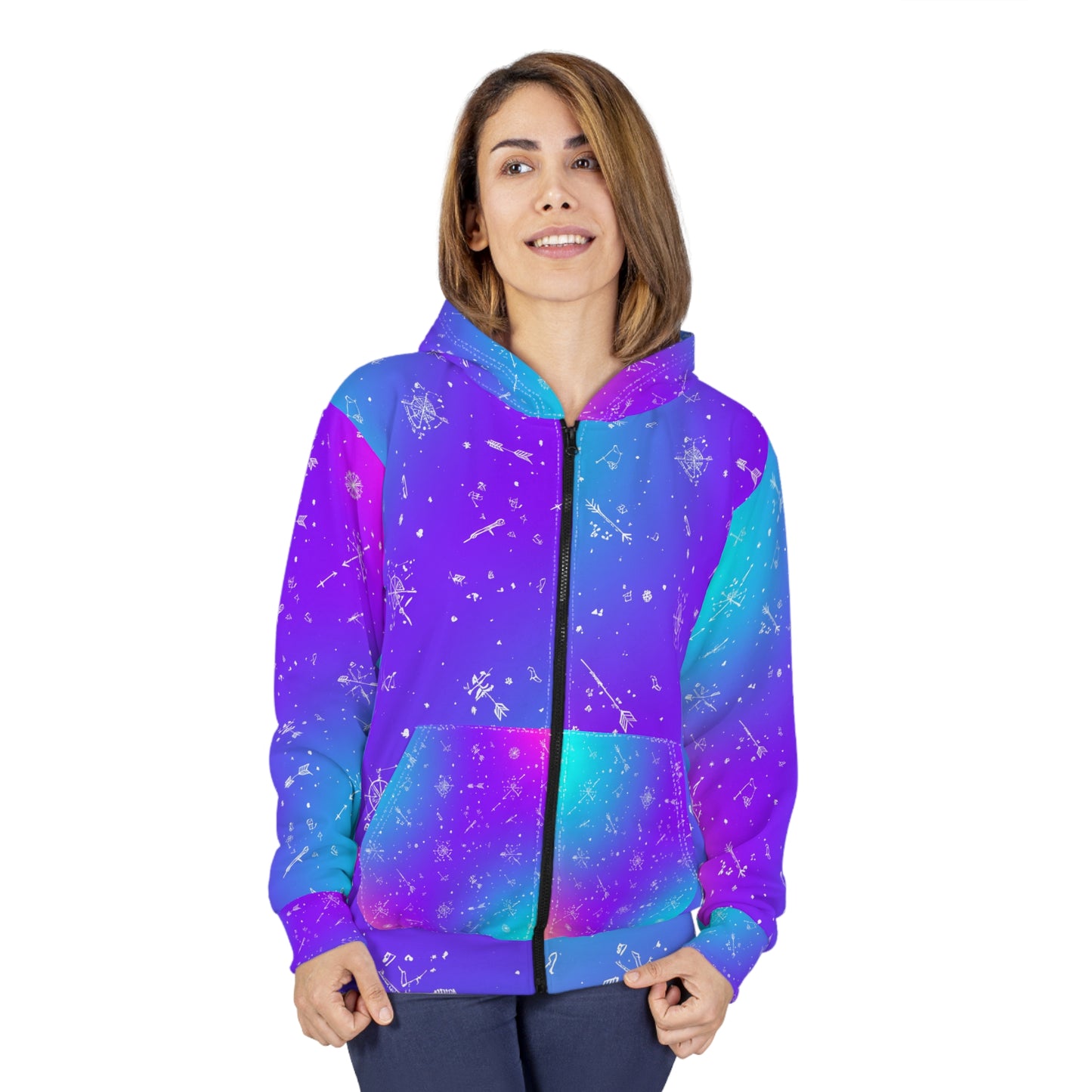 Galaxy Print Unisex Zip Hoodie, Cosmic Zip Up, Colorful Outerwear, Unique Space Design, Stylish Layering, Perfect Gift for Astronomers