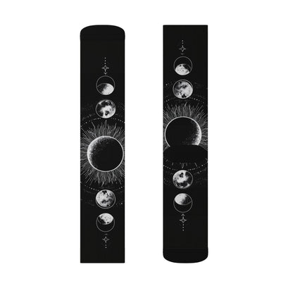 Celestial Moon Phase Sublimation Socks — Black Astral Lunar Crew Socks
