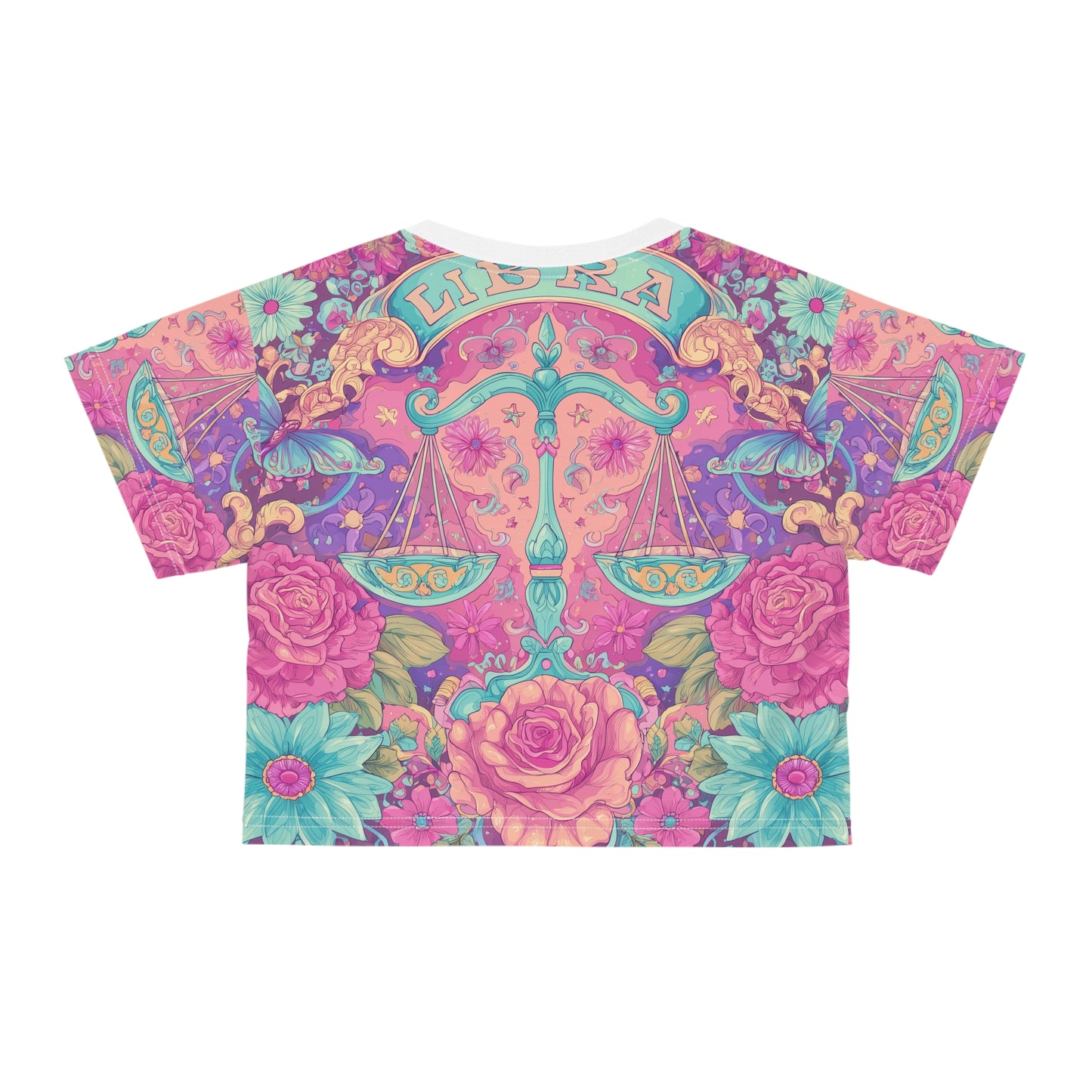 Colorful Libra Crop Tee - Floral Balance Design, Astrology Shirt, Boho Style Top, Gift for Her, Zodiac Fashion, Summer Vibes