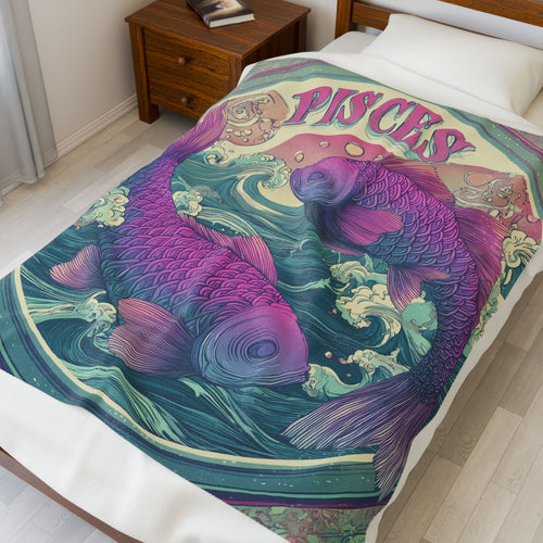 Pisces Velveteen Plush Blanket, Soft Blanket for Astrology Lovers, Cozy Throw for Home Decor, Gift for Zodiac Sign, Seasonal Decor