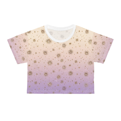 Celestial Crop Tee, Vintage Style Crop Top, AOP Summer Tee, Festival Wear, Bohemian T-Shirt, Astrology Fashion
