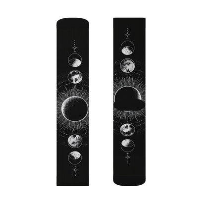 Celestial Moon Phase Sublimation Socks — Black Astral Lunar Crew Socks
