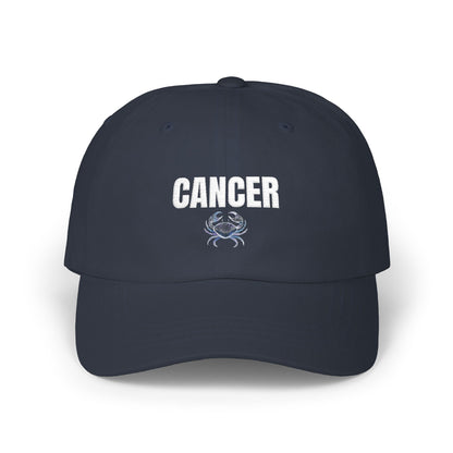 Cancer Zodiac Classic Dad Cap — Vintage Script with Crab Emblem