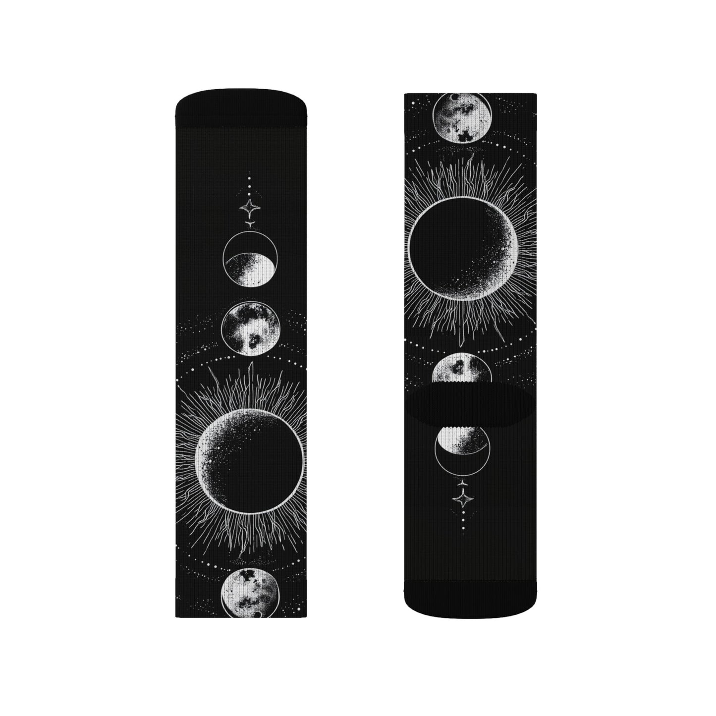 Celestial Moon Phase Sublimation Socks — Black Astral Lunar Crew Socks