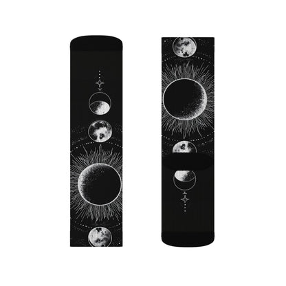 Celestial Moon Phase Sublimation Socks — Black Astral Lunar Crew Socks