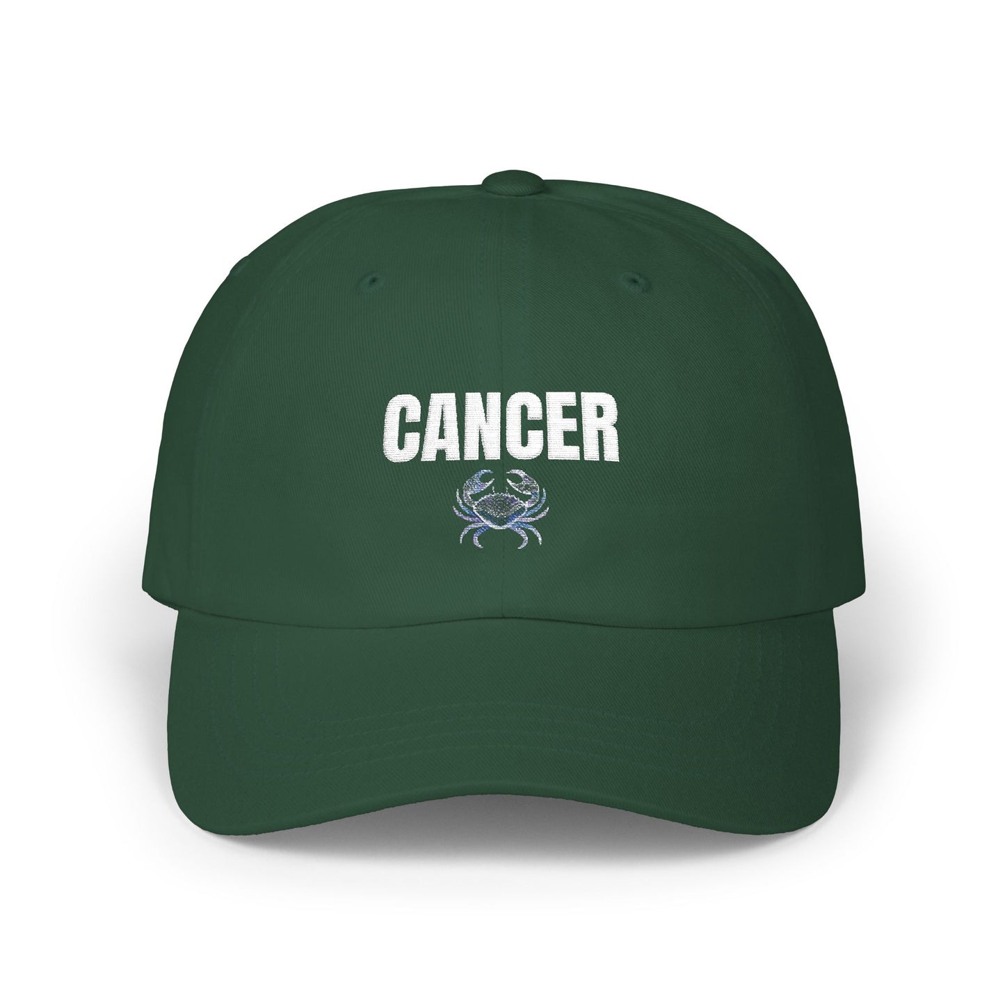 Cancer Zodiac Classic Dad Cap — Vintage Script with Crab Emblem