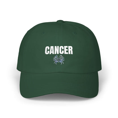 Cancer Zodiac Classic Dad Cap — Vintage Script with Crab Emblem