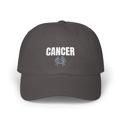 Cancer Zodiac Classic Dad Cap — Vintage Script with Crab Emblem
