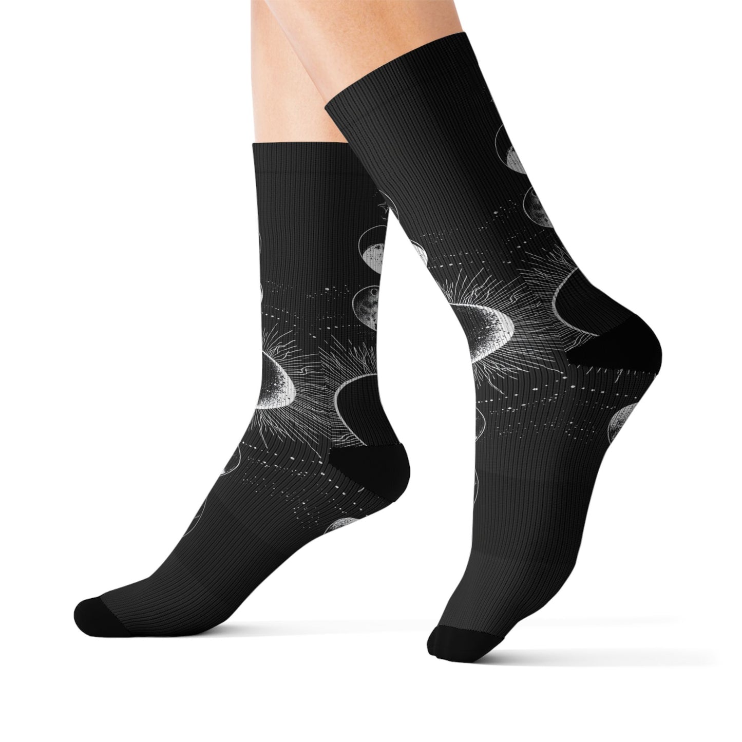 Celestial Moon Phase Sublimation Socks — Black Astral Lunar Crew Socks