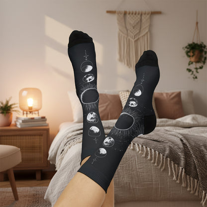 Celestial Moon Phase Sublimation Socks — Black Astral Lunar Crew Socks