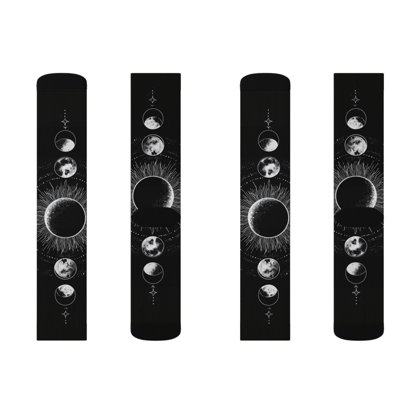Celestial Moon Phase Sublimation Socks — Black Astral Lunar Crew Socks