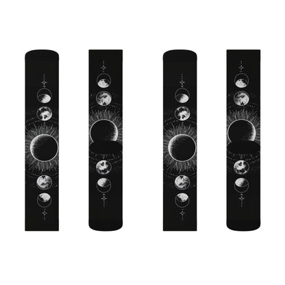 Celestial Moon Phase Sublimation Socks — Black Astral Lunar Crew Socks