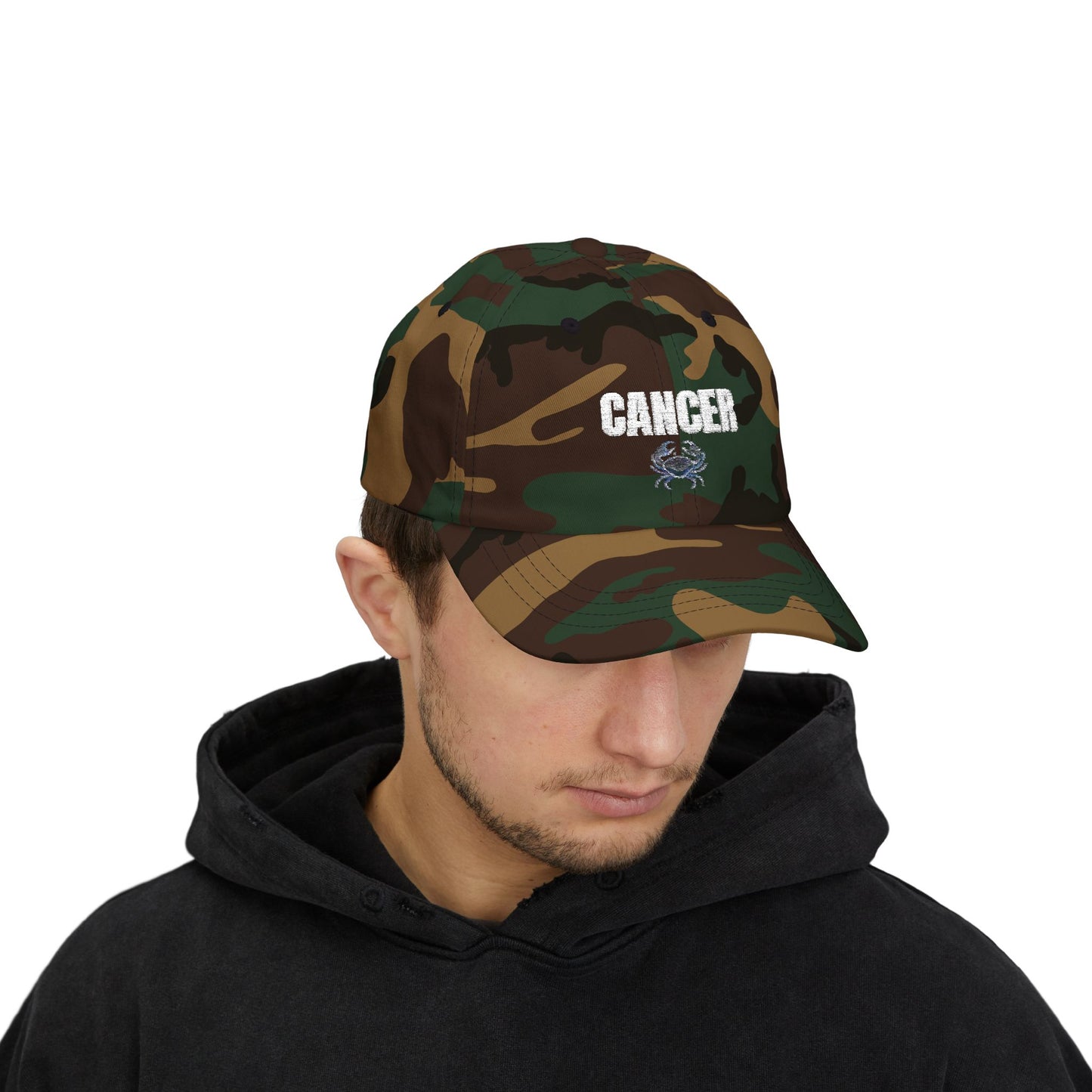 Cancer Zodiac Classic Dad Cap — Vintage Script with Crab Emblem