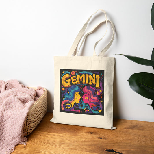 Gemini Zodiac Canvas Tote Bag - Colorful Astrology Bag for Gifts, Shopping, Travel, Eco-Friendly Design, Astrological Sign Merchandise