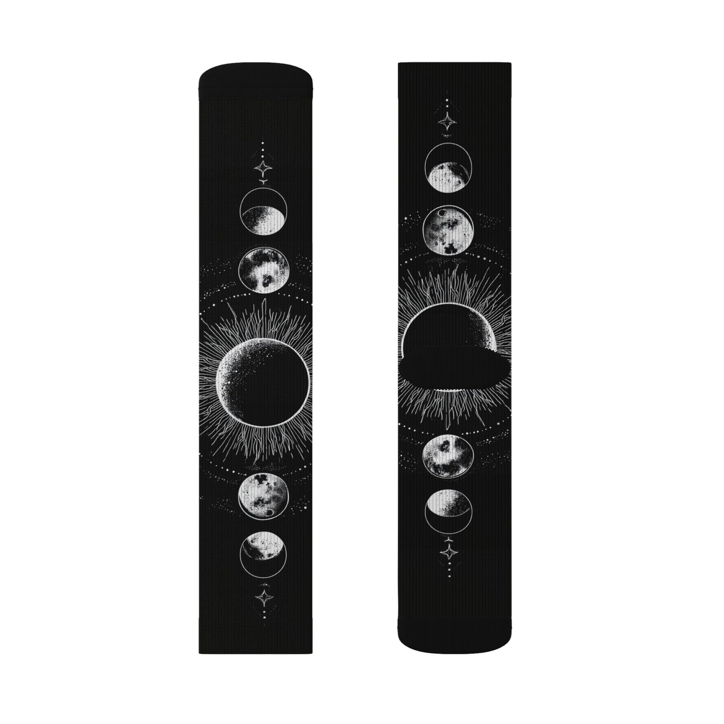 Celestial Moon Phase Sublimation Socks — Black Astral Lunar Crew Socks